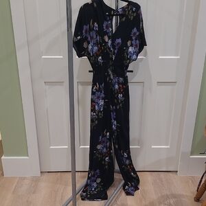 American Eagle Outfitters Black Floral Wrap Jumpsuit with Purple Blooms